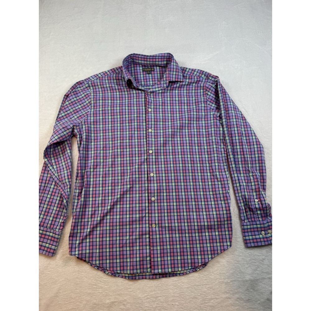 Peter Millar Button-Up Shirt Men's L Blue Orange Pink Plaid 100% Cotton Summer